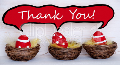 Three Red Easter Eggs With Comic Speech Balloon With Thank You