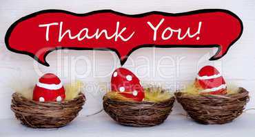 Three Red Easter Eggs With Comic Speech Balloon With Thank You