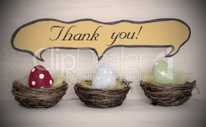 Spotlight To Three Colorful Easter Eggs With Comic Speech Balloon Thank You
