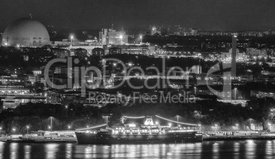Black and white night view of Stockholm skyline