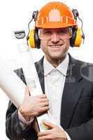 Businessman in safety hardhat helmet holding paper drawings plan