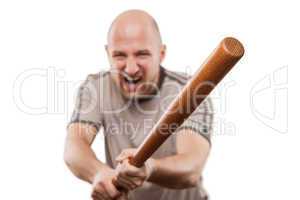 Screaming angry man hand holding baseball sport bat