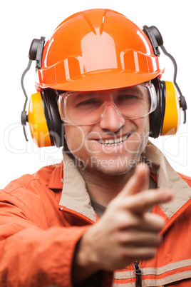 Engineer or manual worker man in safety hardhat helmet white iso
