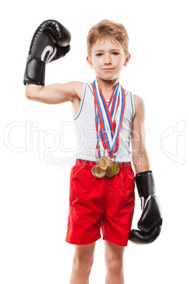 Smiling boxing champion child boy gesturing for victory triumph