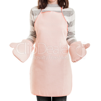 Kitchen working housewife wearing food cooking apron and oven mi