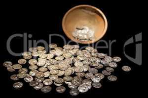 Treasure pot with ancient gold and silver coins money