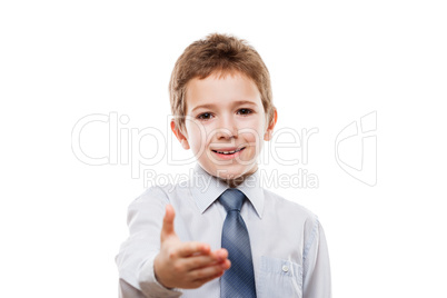 Smiling child boy gesturing hand greeting or meeting handshake