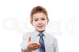 Smiling child boy gesturing hand greeting or meeting handshake