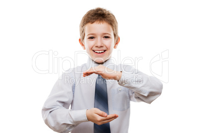 Smiling child boy hand holding invisible sphere or globe