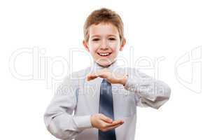 Smiling child boy hand holding invisible sphere or globe