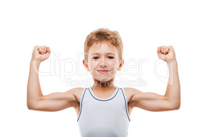 Smiling sport child boy showing his hand biceps muscles strength