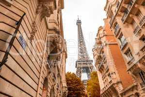 Paris, France. La Tour Eiffel framed by surrounding homes