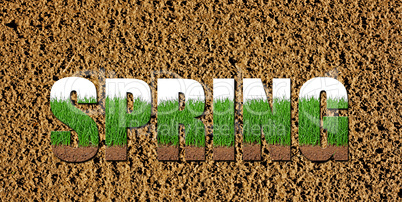 Newly prepared soil with fresh grass images inside the word spring