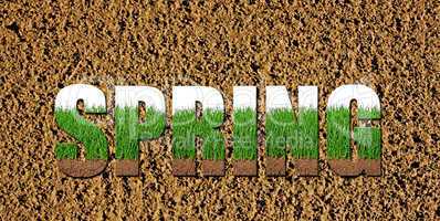 Newly prepared soil with fresh grass images inside the word spring