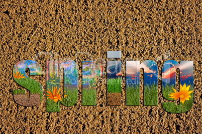 Newly prepared soil with colorful spring images inside the word spring