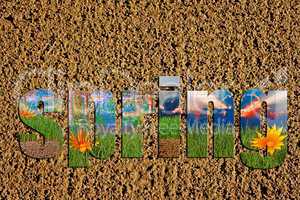 Newly prepared soil with colorful spring images inside the word spring