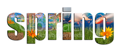 Colorful spring images inside spring text on a white background