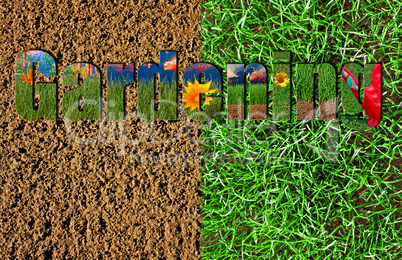 Colorful gardening text on soil and grass background