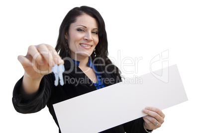 Hispanic Woman Holding Blank Sign and Keys On White