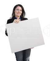 Hispanic Woman Holding Blank Sign On White