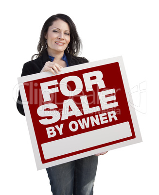 Hispanic Woman Holding For Sale By Owner Sign On White