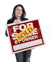 Hispanic Woman Holding Sold For Sale By Owner Sign
