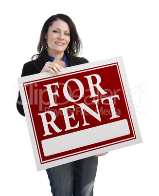 Hispanic Woman Holding For Rent Sign On White