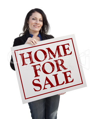 Hispanic Woman Holding Home For Sale Real Estate Sign