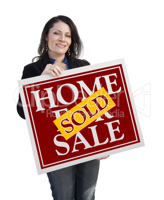 Hispanic Woman Holding Sold Home For Sale Sign on White