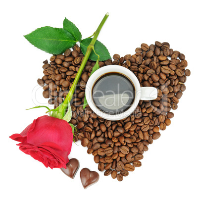 coffee beans, cup and rose