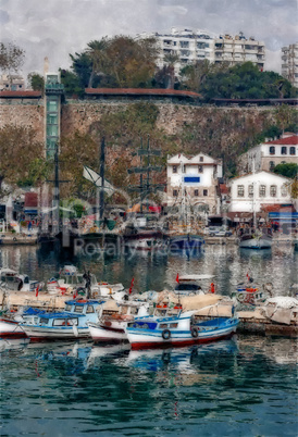 Digital painting of colorful fishing boats in harbor