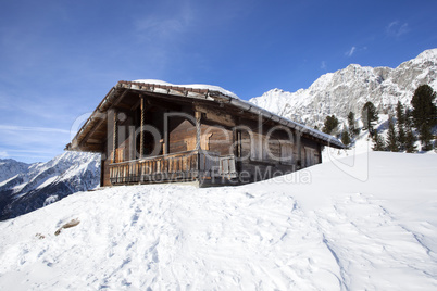 Ski hut in the snowy Austrian Alps