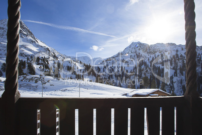 Beautiful view from a ski hut in snowy mountains