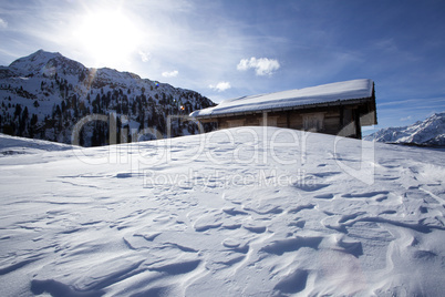 Ski hut in the snowy Austrian Alps