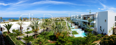 Panorama of swimming pools at luxury hotel, Crete, Greece