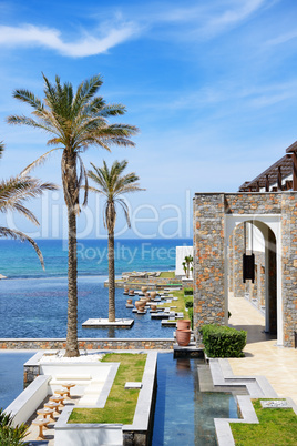 The pools and beach at luxury hotel, Crete, Greece