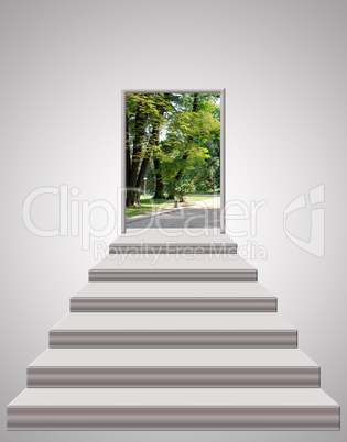 stairs leading from white room to city park