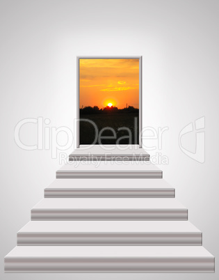 stairs leading up to landscape of sunset