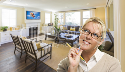 Daydreaming Woman with Pencil Inside Beautiful Living Room