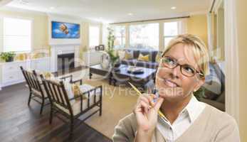 Daydreaming Woman with Pencil Inside Beautiful Living Room
