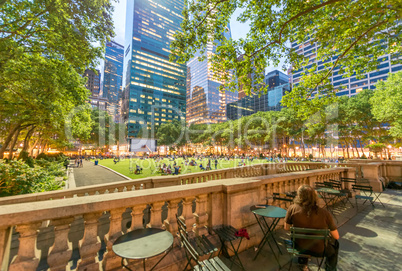 Outdoor dining area in Bryant Park, NYC