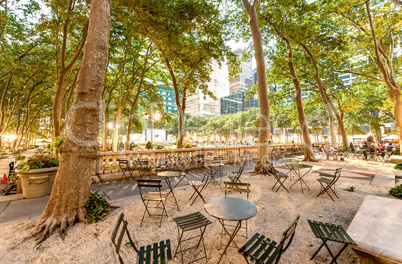 Outdoor dining area in Bryant Park, NYC