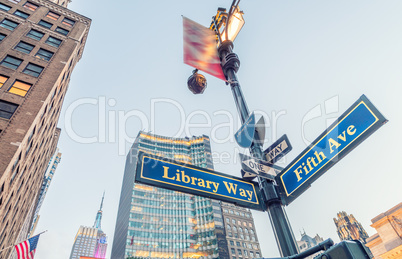 Library way and Fifth avenue street signs in New York City