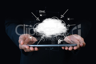 businessman holding cloud network icon on tablet computer