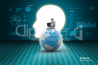 man sitting on globe with the Laptop. On Top of the World.