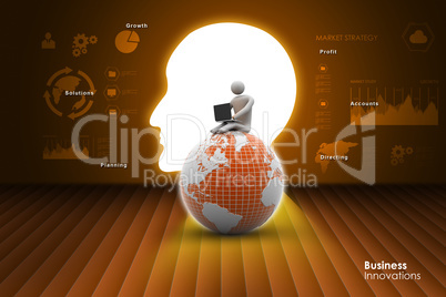 man sitting on globe with the Laptop. On Top of the World.