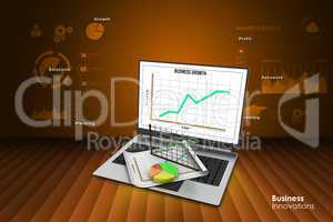 Laptop showing a spreadsheet and a paper with statistic charts