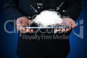 businessman holding cloud network icon on tablet computer