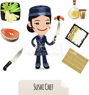Female Sushi Chef Icons Set