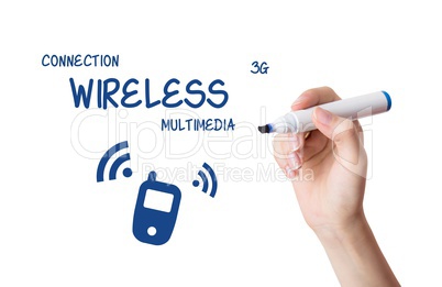 Woman drawing wireless multimedia content on virtual board